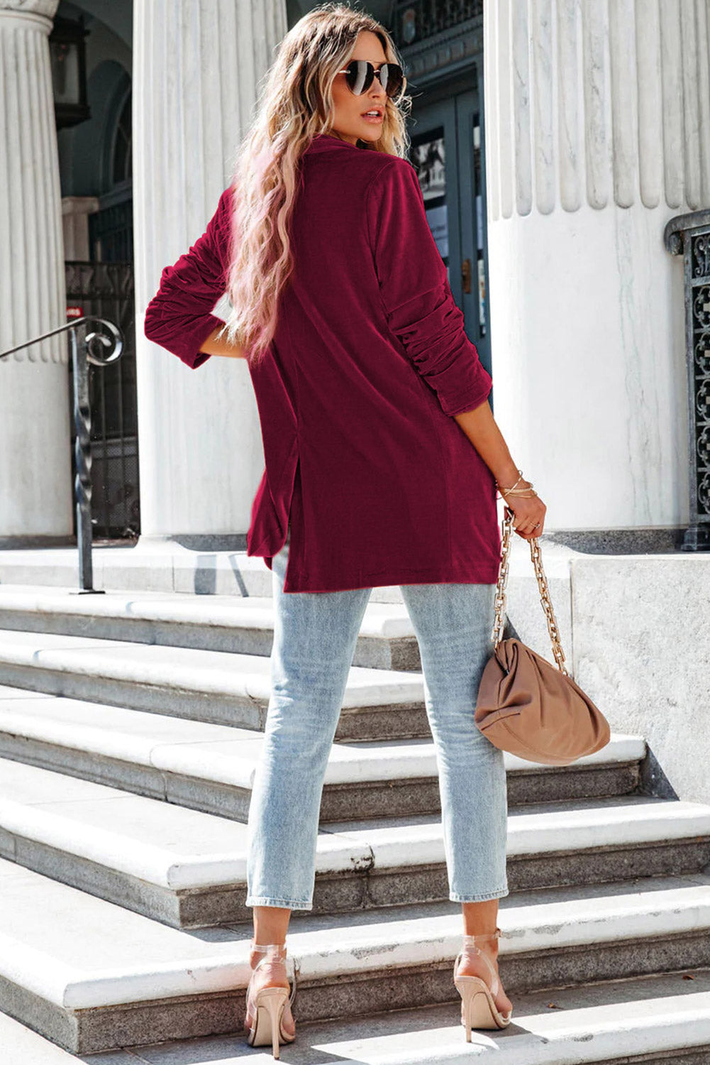 Green Casual Pocketed Velvet Blazer