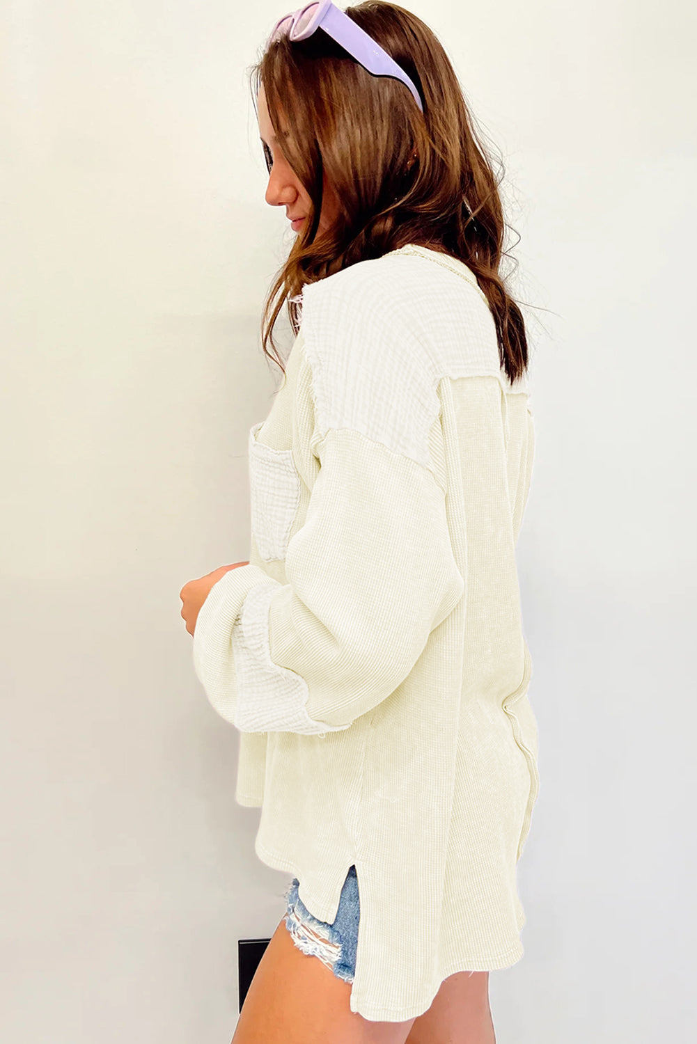 Pink Exposed Seam Patchwork Bubble Sleeve Waffle Knit Top