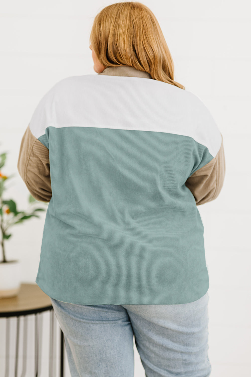 Multicolor Color Block Buttoned Pocket Corduroy Plus Size Jacket