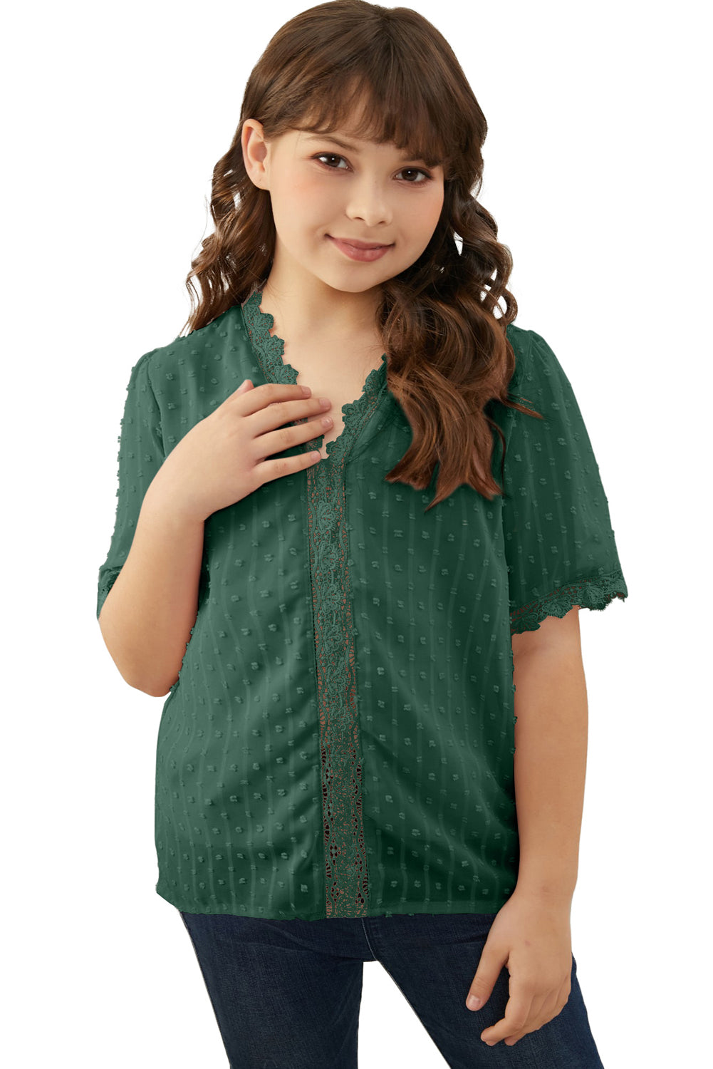 Sky Blue Swiss Dot Lace Short Sleeve Girls Top