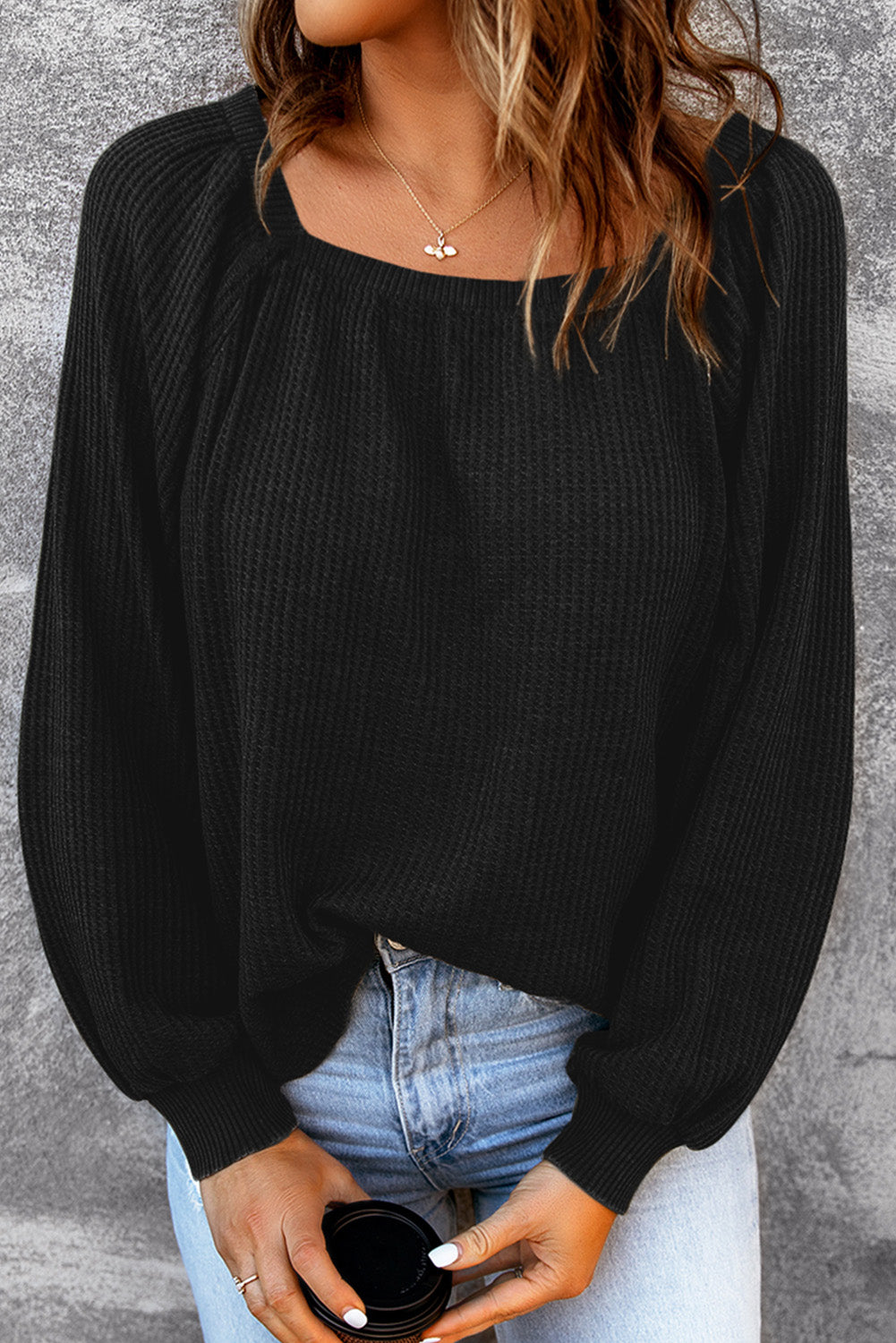 Brown Scoop Neck Puff Sleeve Waffle Knit Top