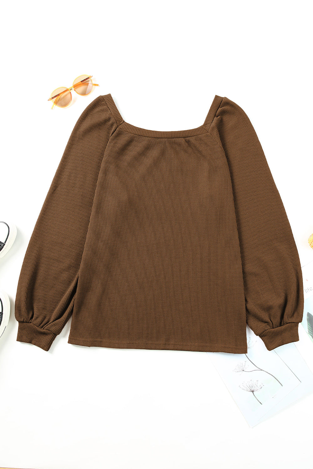 Brown Scoop Neck Puff Sleeve Waffle Knit Top