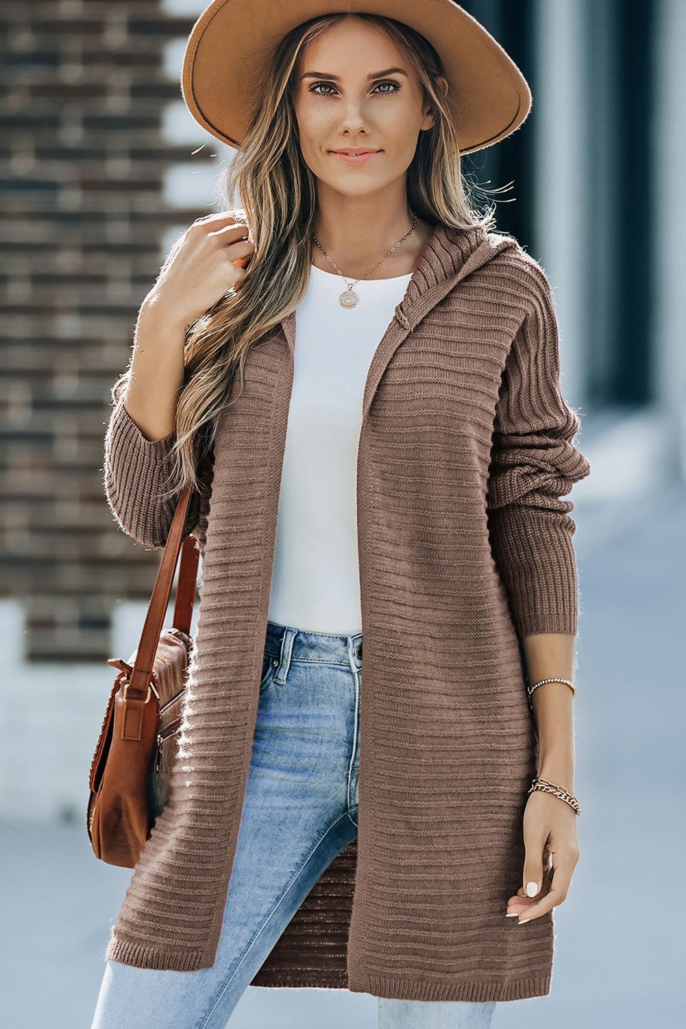 Gray Horizontal Rib Knitted Open Front Hooded Cardigan