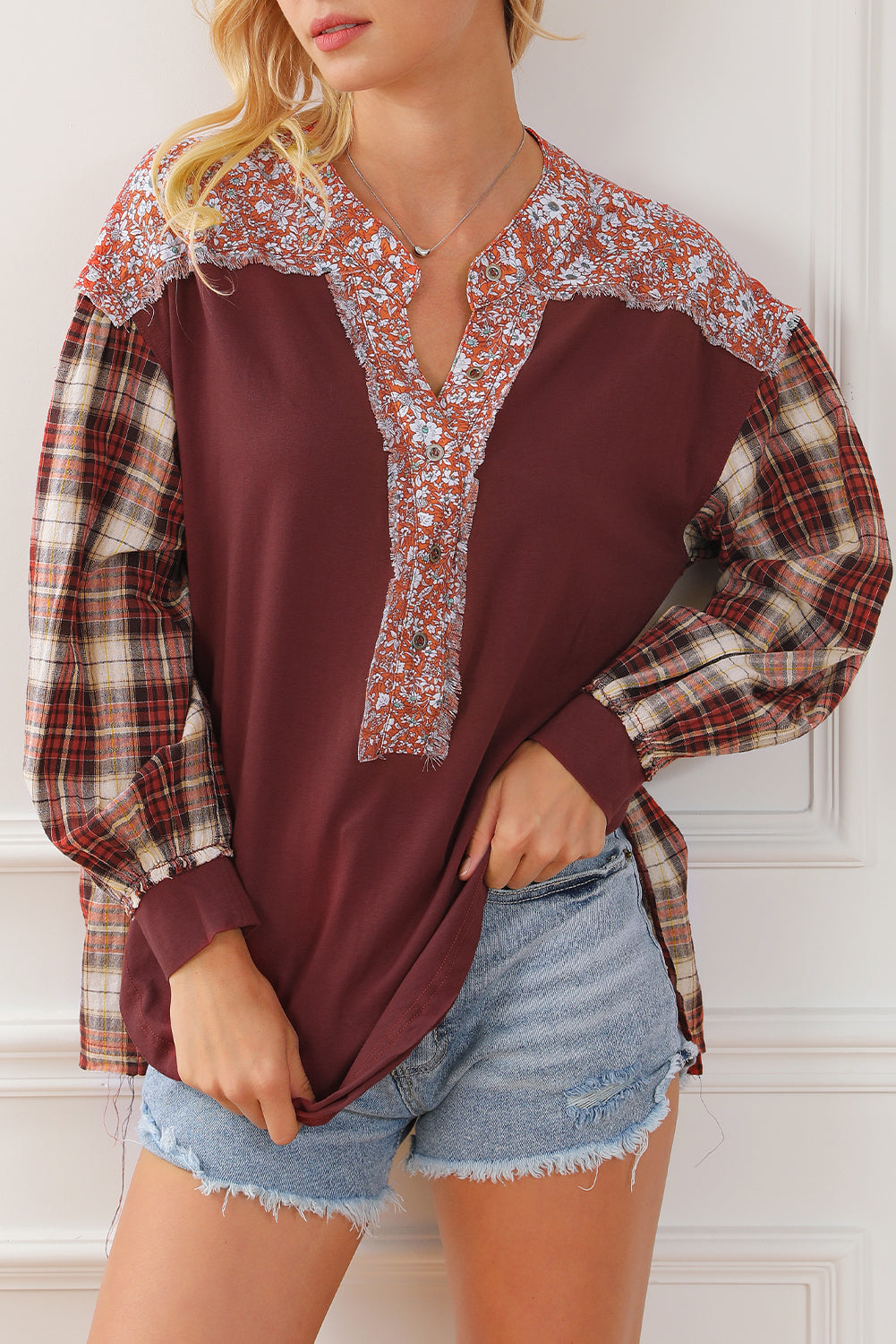 Yellow Floral Plaid Mixed Print Bishop Sleeve Patchwork Top