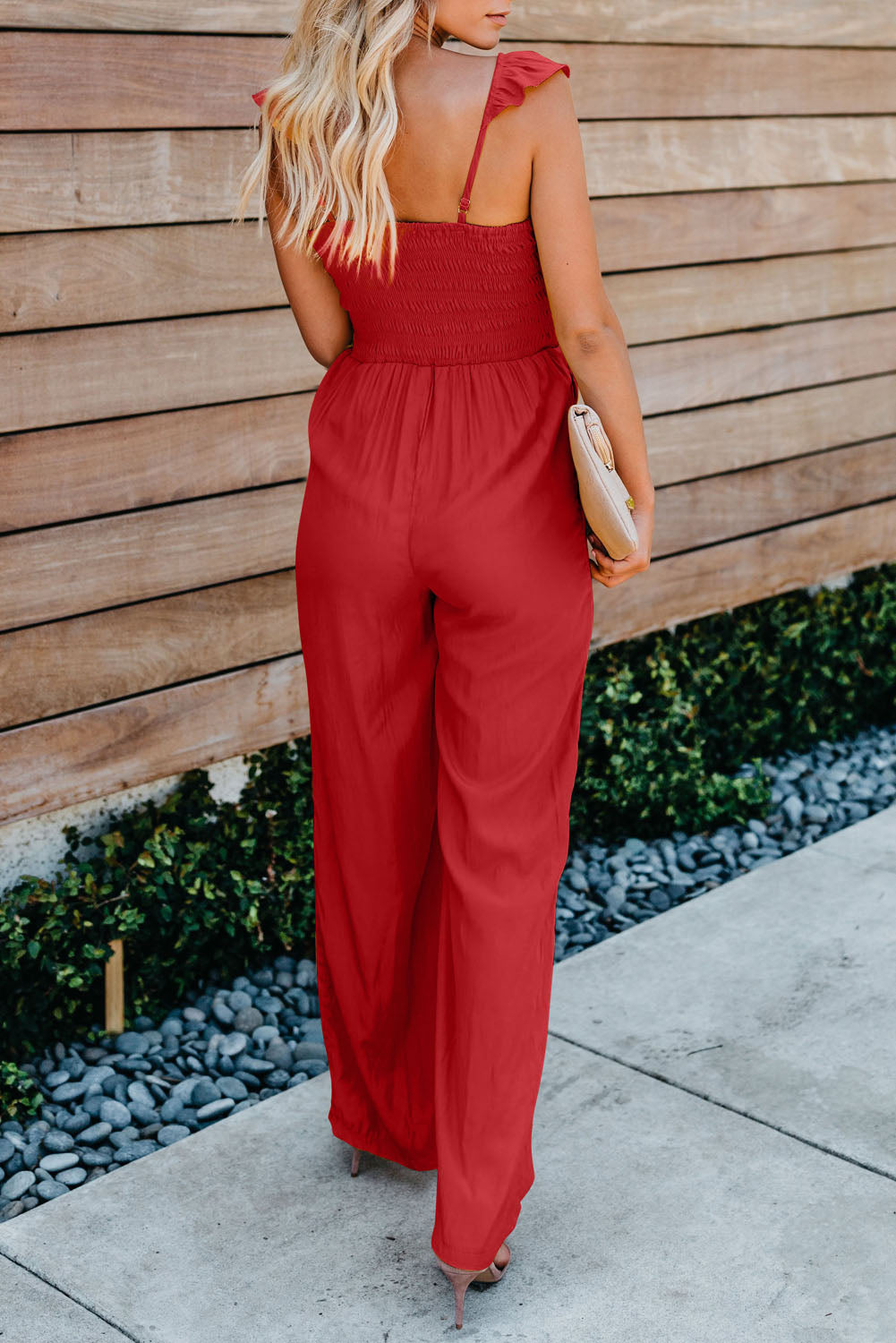 Blue Flutter Sleeve Smocked Wide Leg Jumpsuit