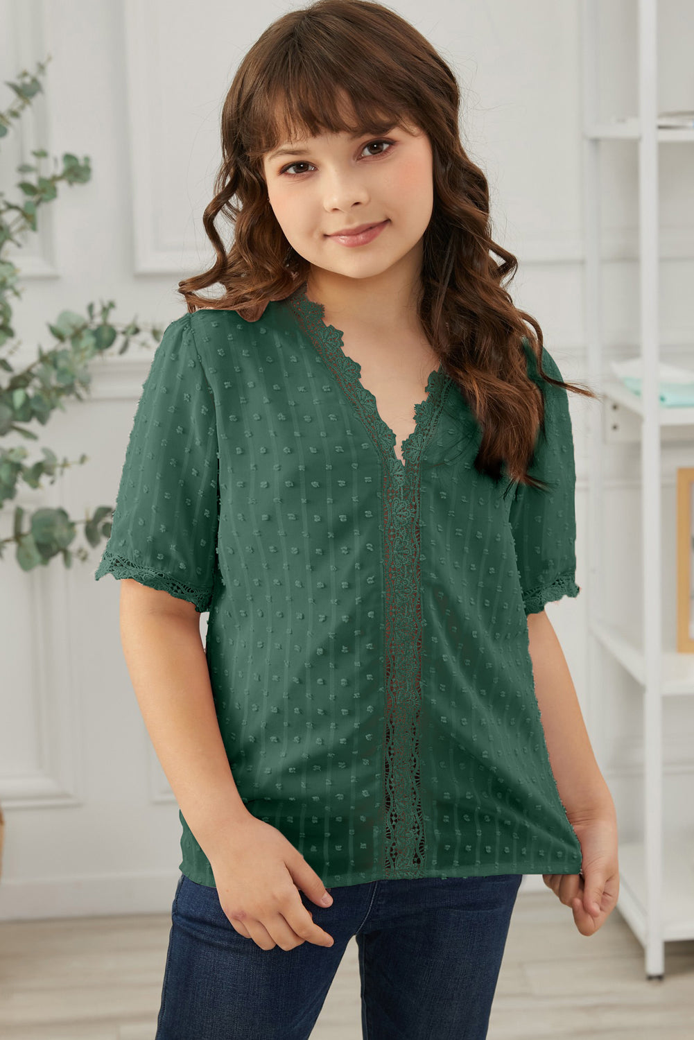Sky Blue Swiss Dot Lace Short Sleeve Girls Top