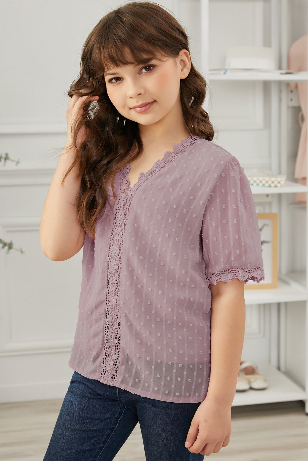 Sky Blue Swiss Dot Lace Short Sleeve Girls Top