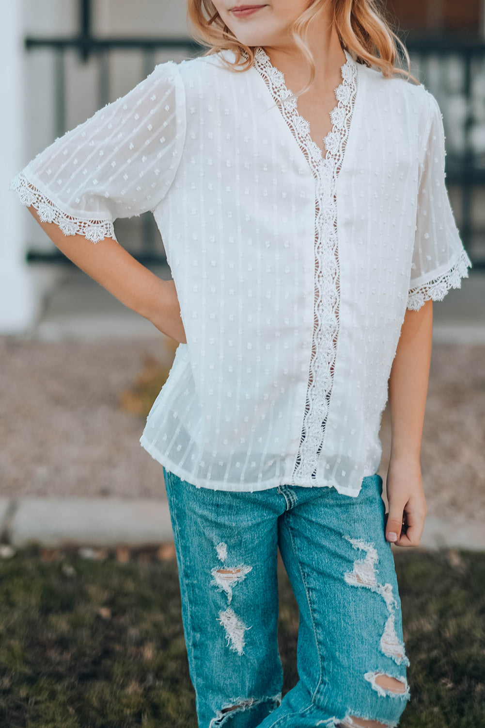 Sky Blue Swiss Dot Lace Short Sleeve Girls Top