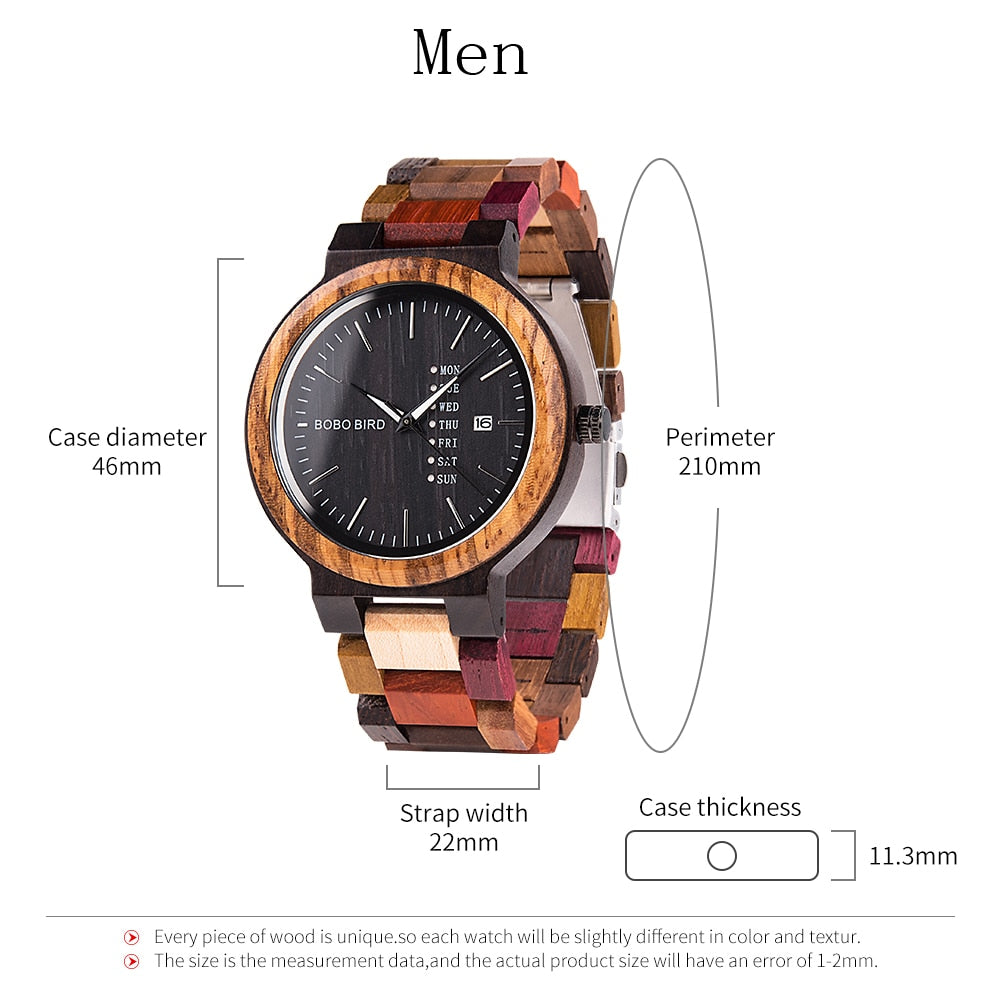 BOBO BIRD Couple Wooden Watch Luxury Brand Wood Timepieces Week Date Display Quartz Watches for Men Women Unique Family Gift