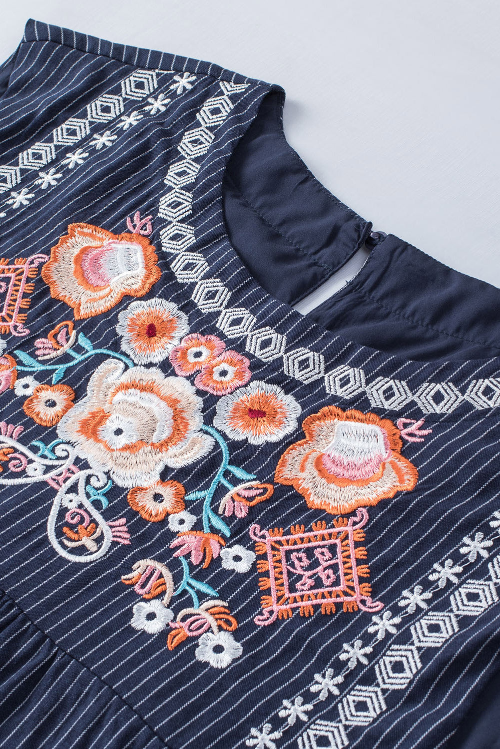 Gray Embroidered Striped Print Sleeveless Mini Dress