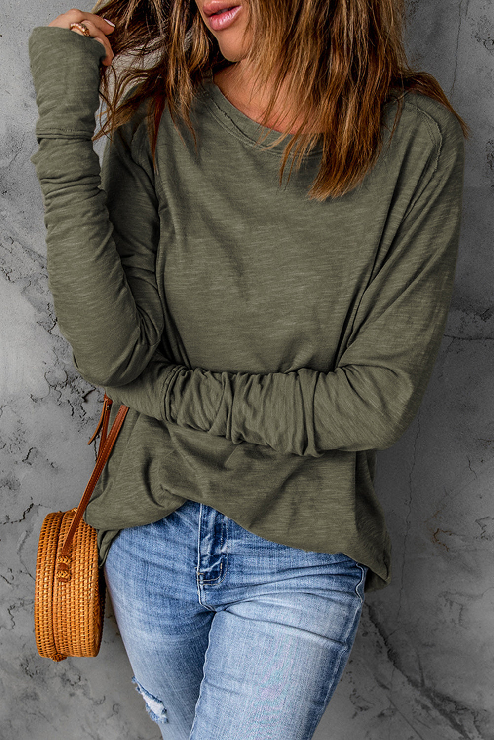 Red Solid Crew Neck Long Sleeve Top