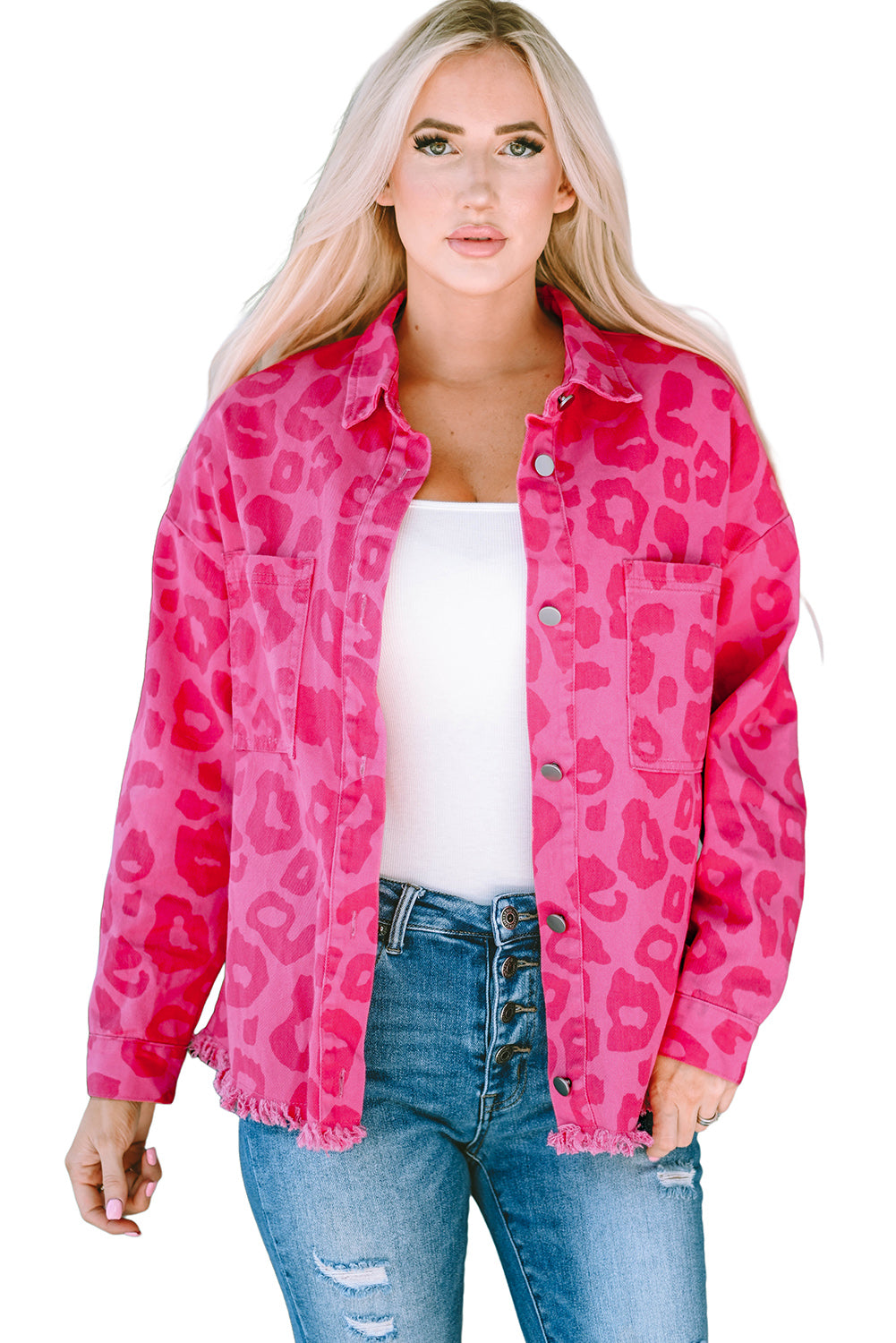 Leopard Print Button Cuffs Raw Hem Jacket