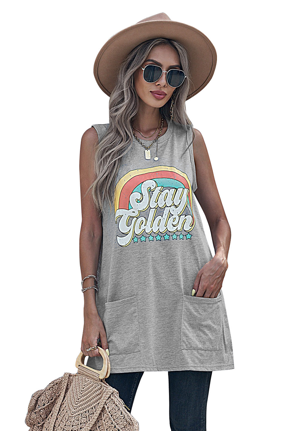Stay golden Letters Graphic Tank with Pockets