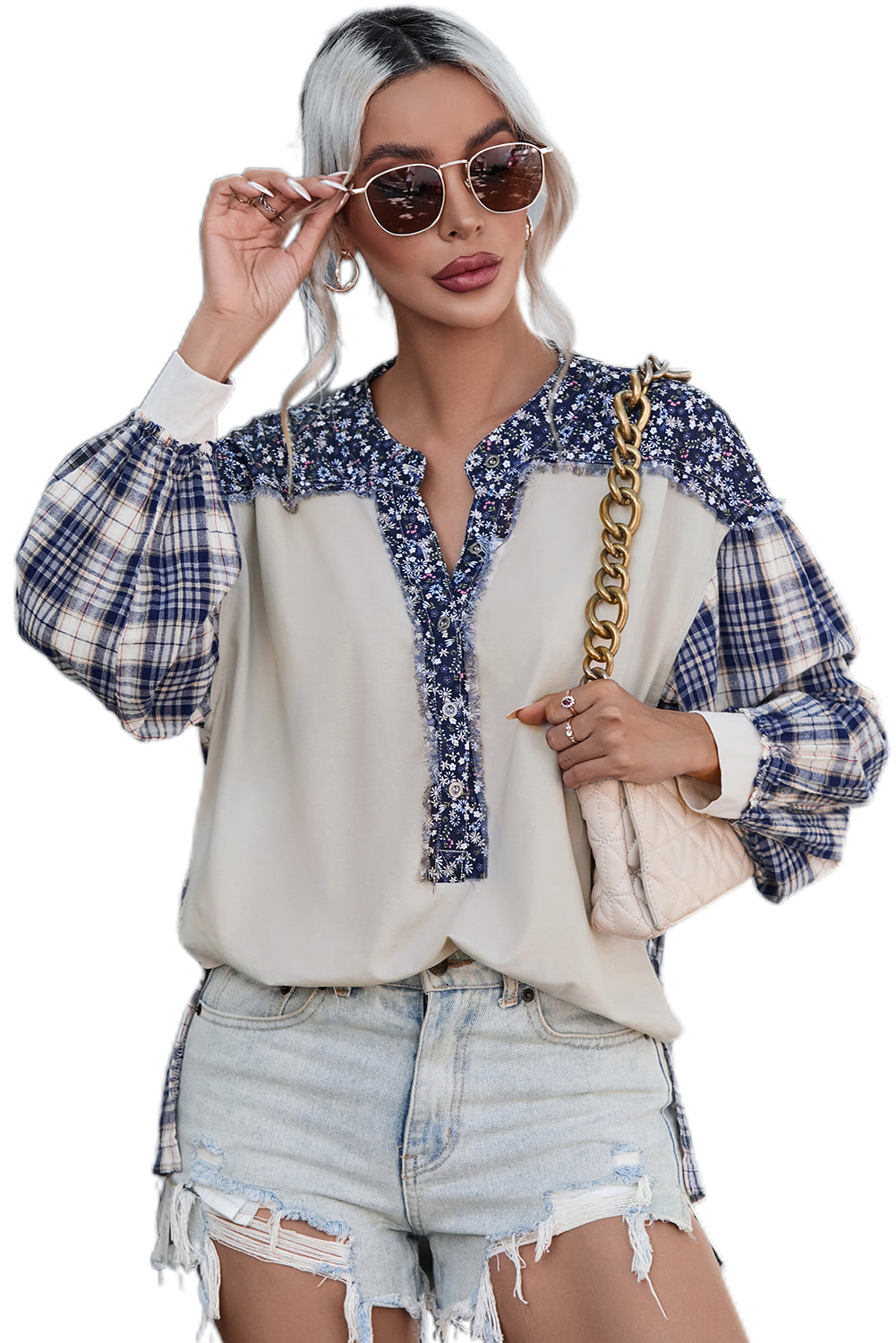 Yellow Floral Plaid Mixed Print Bishop Sleeve Patchwork Top