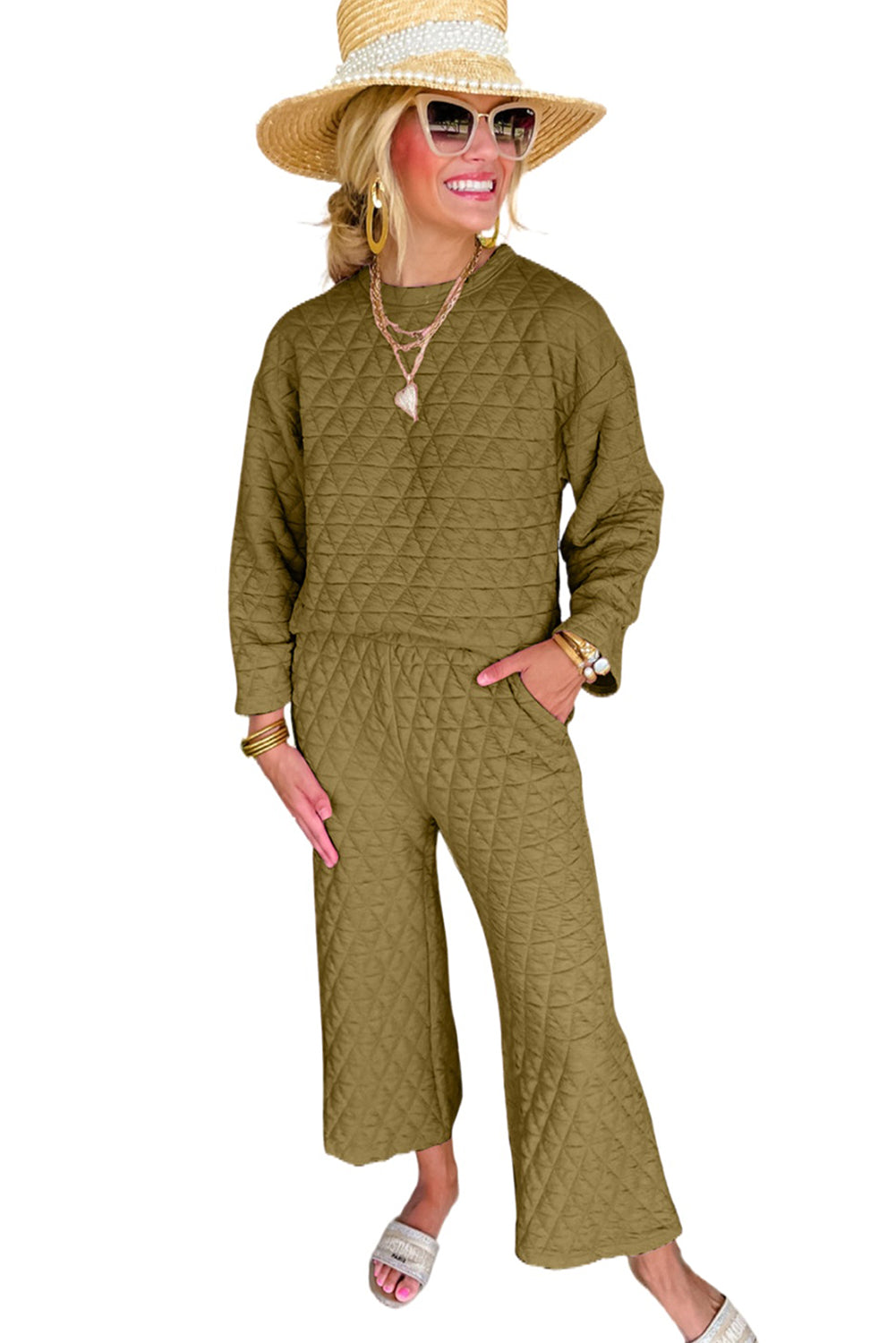 Black Solid Quilted Pullover and Pants Outfit