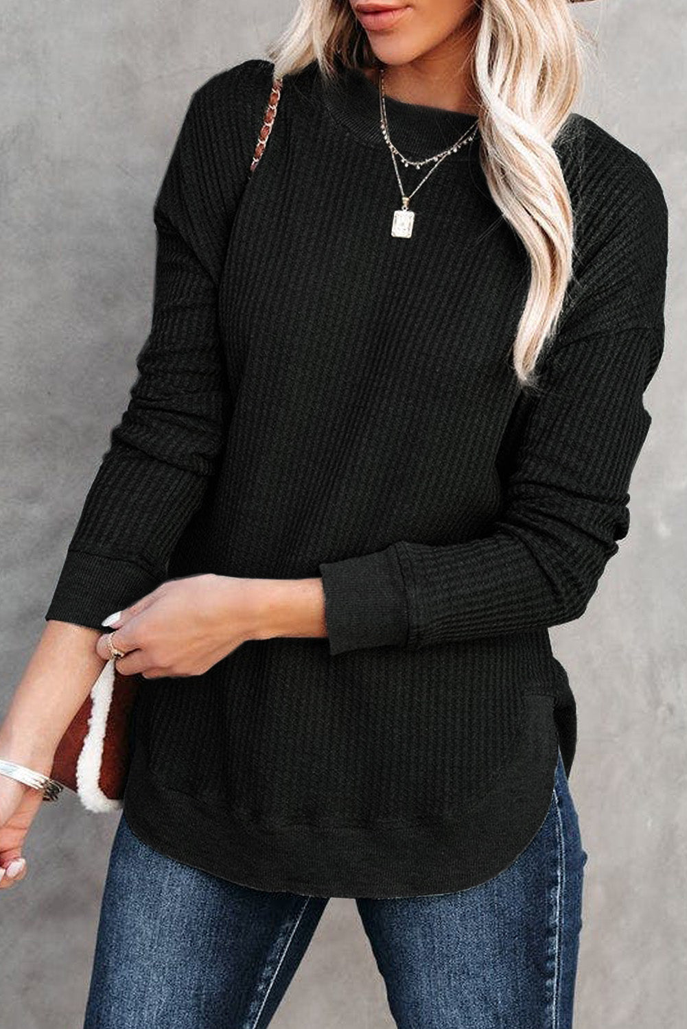 Apricot Crew Neck Ribbed Trim Waffle Knit Top