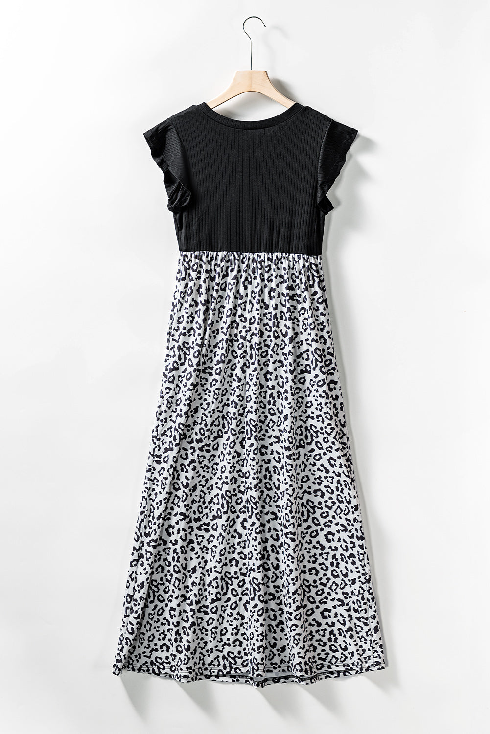 Gray Leopard Patchwork Ribbed Maxi Dress with Pockets
