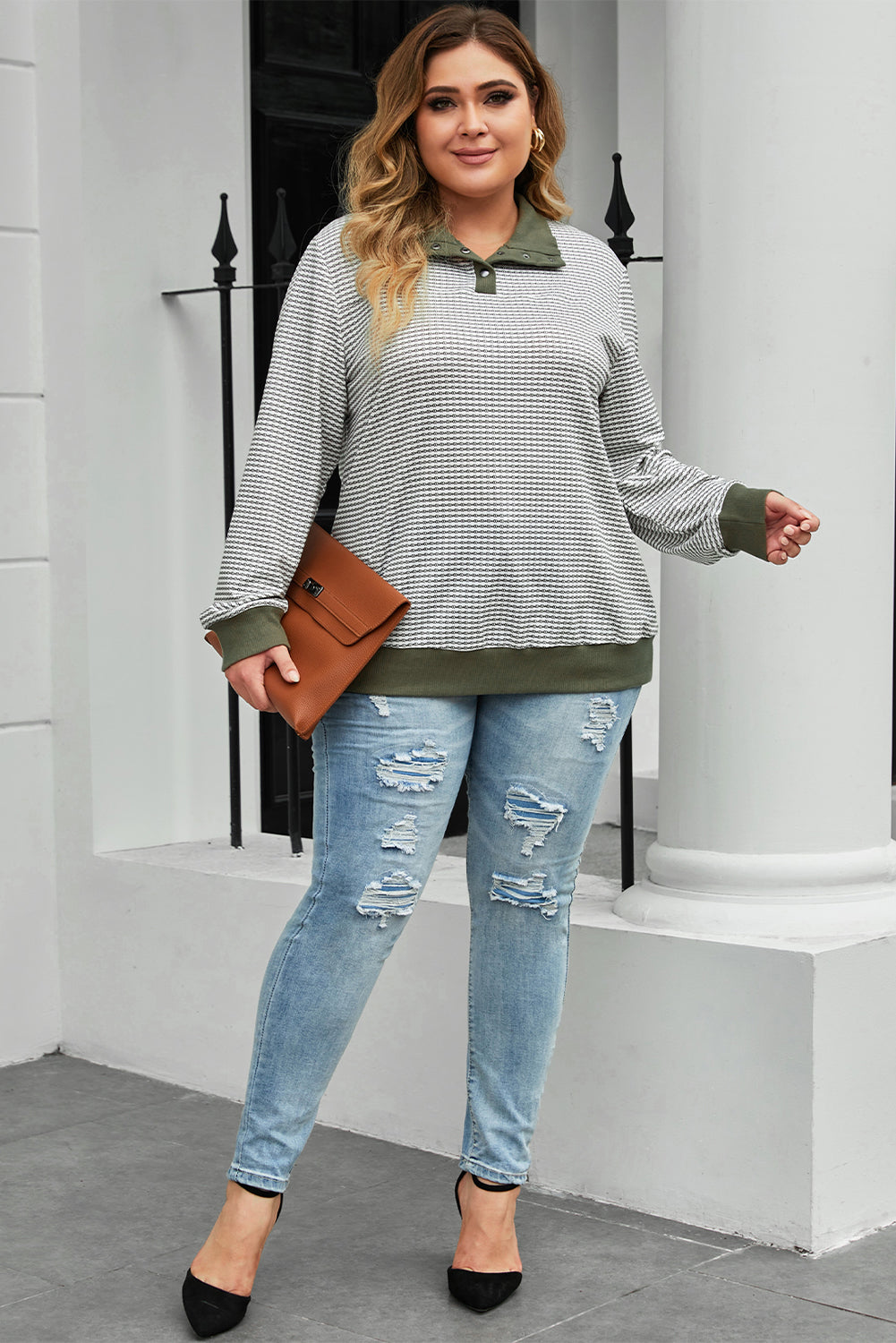 Green Striped Contrasting Trim plus Size Henley Pullover