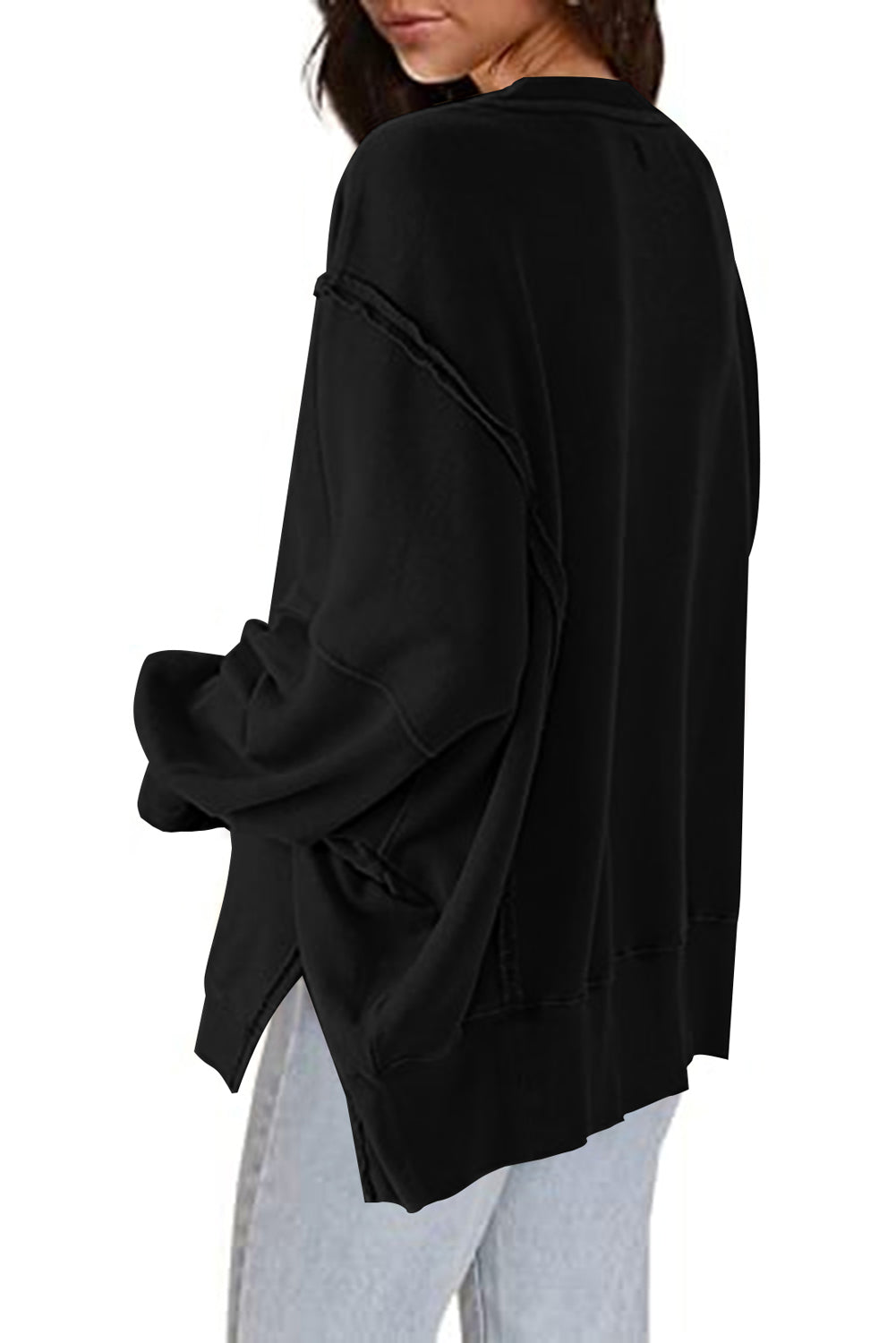 Rose Exposed Seam Drop Shoulder Slit High Low Hem Sweatshirt