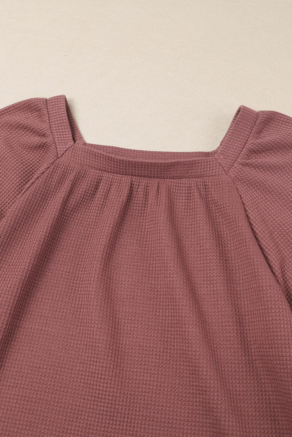 Brown Scoop Neck Puff Sleeve Waffle Knit Top