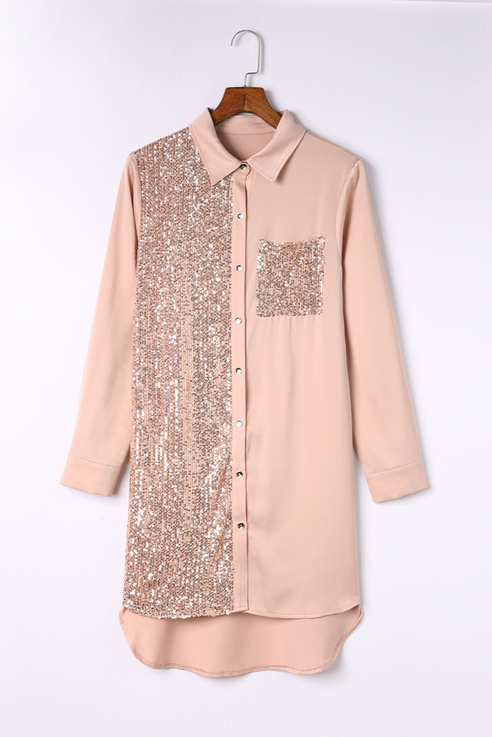 Black Sequin Splicing Pocket Buttoned Shirt Dress