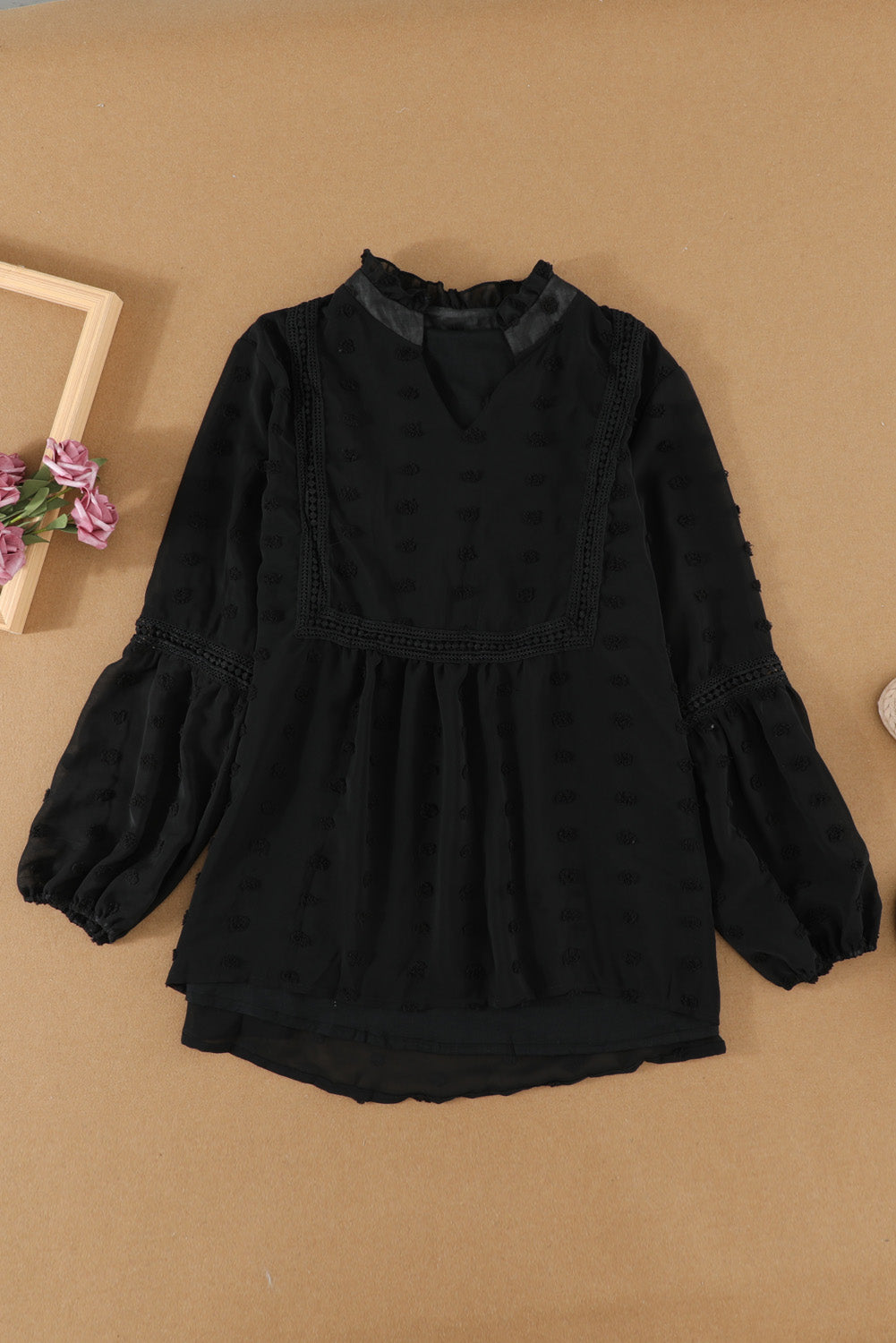 Black Swiss Dot Split Neck Ruffle Babydoll Blouse