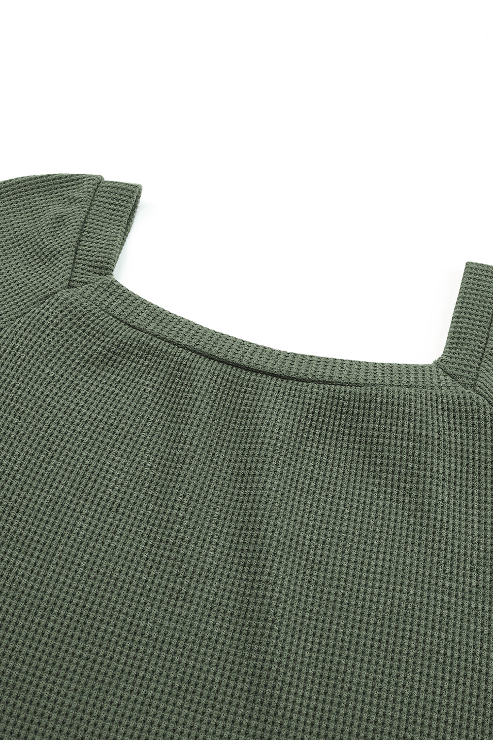Brown Scoop Neck Puff Sleeve Waffle Knit Top
