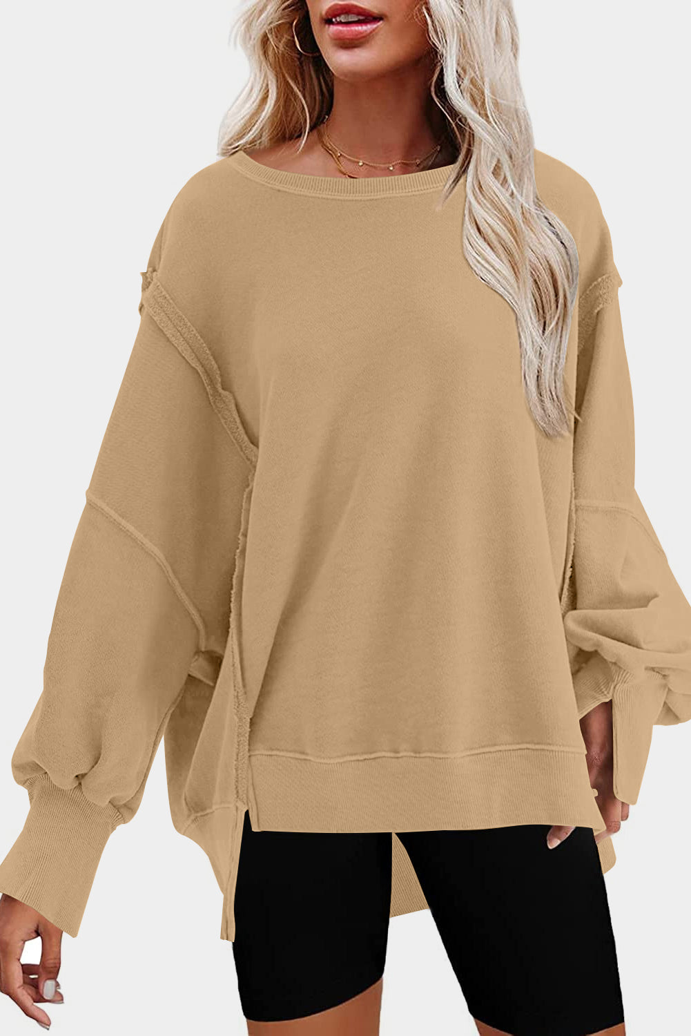 Rose Exposed Seam Drop Shoulder Slit High Low Hem Sweatshirt