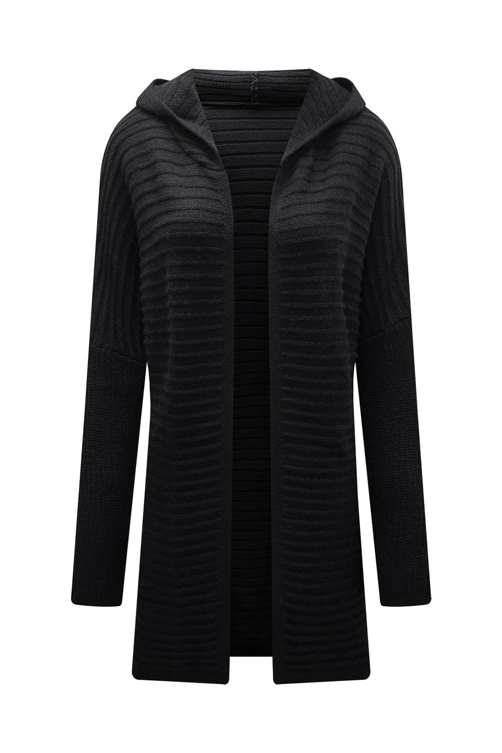Gray Horizontal Rib Knitted Open Front Hooded Cardigan