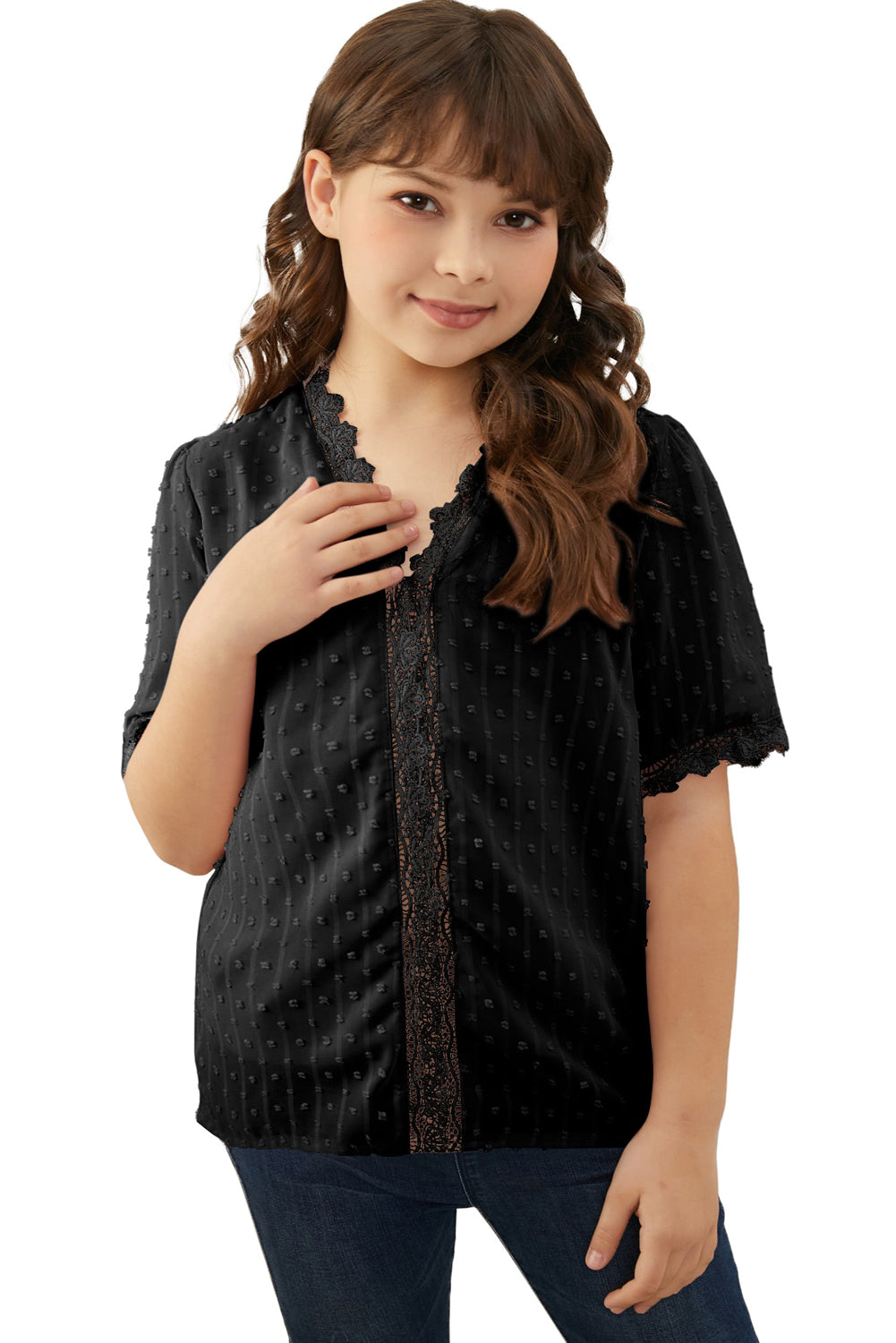 Sky Blue Swiss Dot Lace Short Sleeve Girls Top