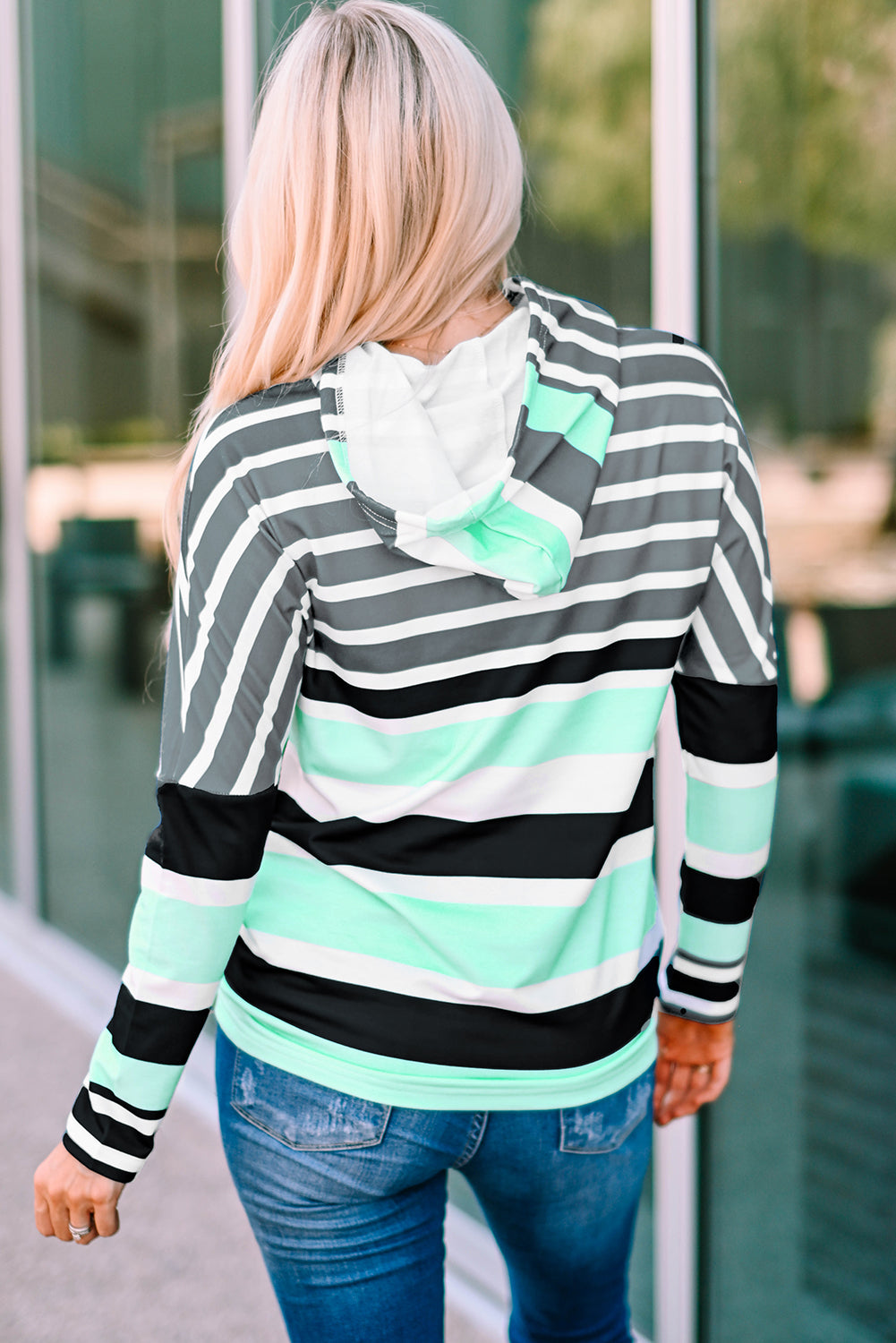 Rose Multi Striped Drawstring Long Sleeve Hoodie