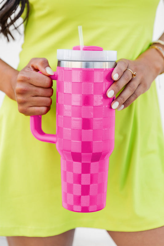 Ginger Checkered Print Handled Stainless Steel Tumbler Cup 40oz