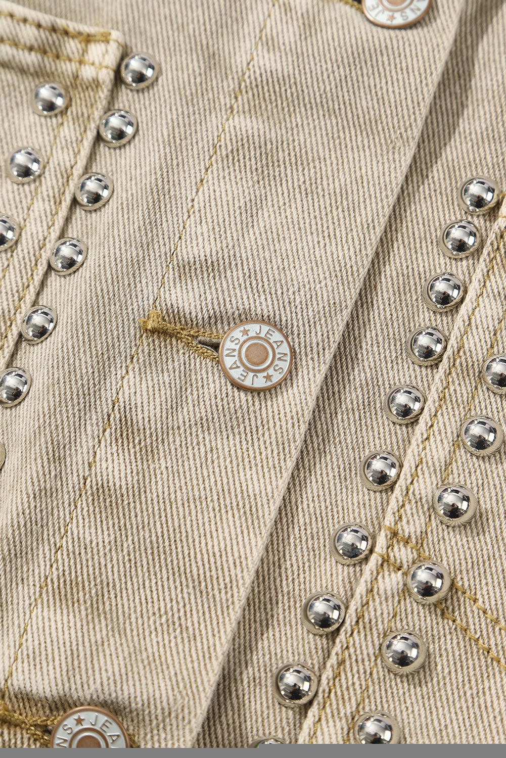 Light French Beige Rivet Studded Pocketed Denim Jacket