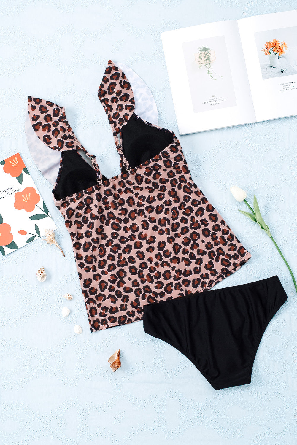 Ruffled Leopard Tankini Top and Solid Color Panty Swimwear