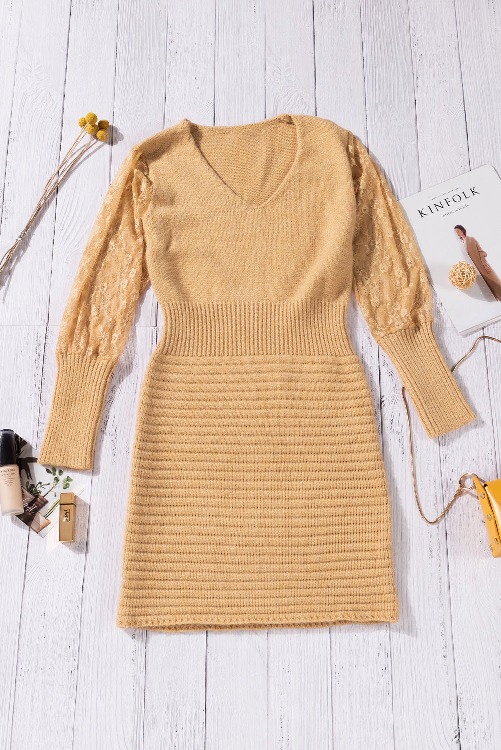 Black Lace Sleeve Patchwork Sweater Dress