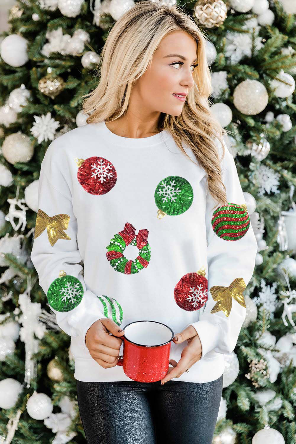 Black Sequined Christmas Graphic Pullover Sweatshirt