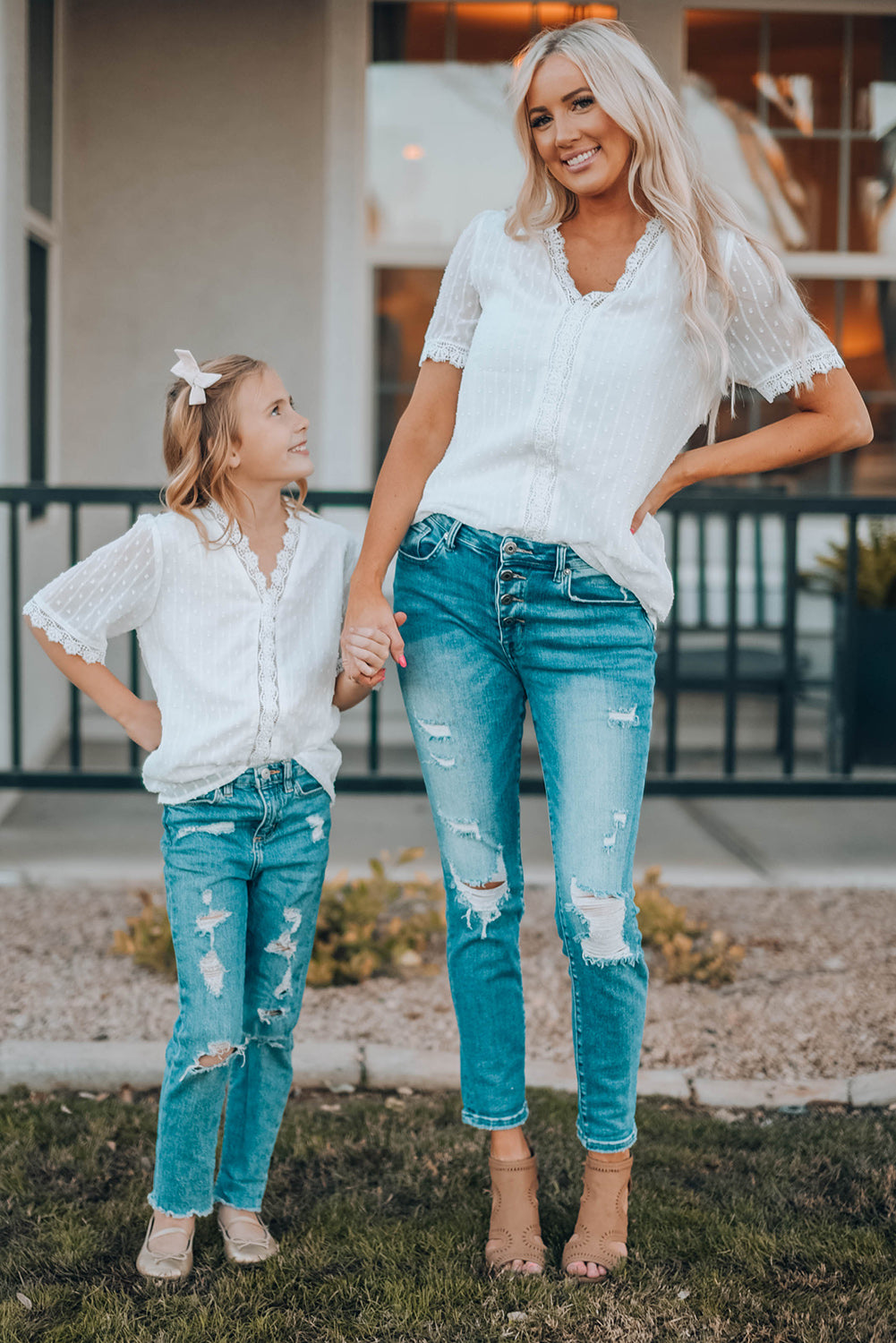 Sky Blue Swiss Dot Lace Short Sleeve Girls Top