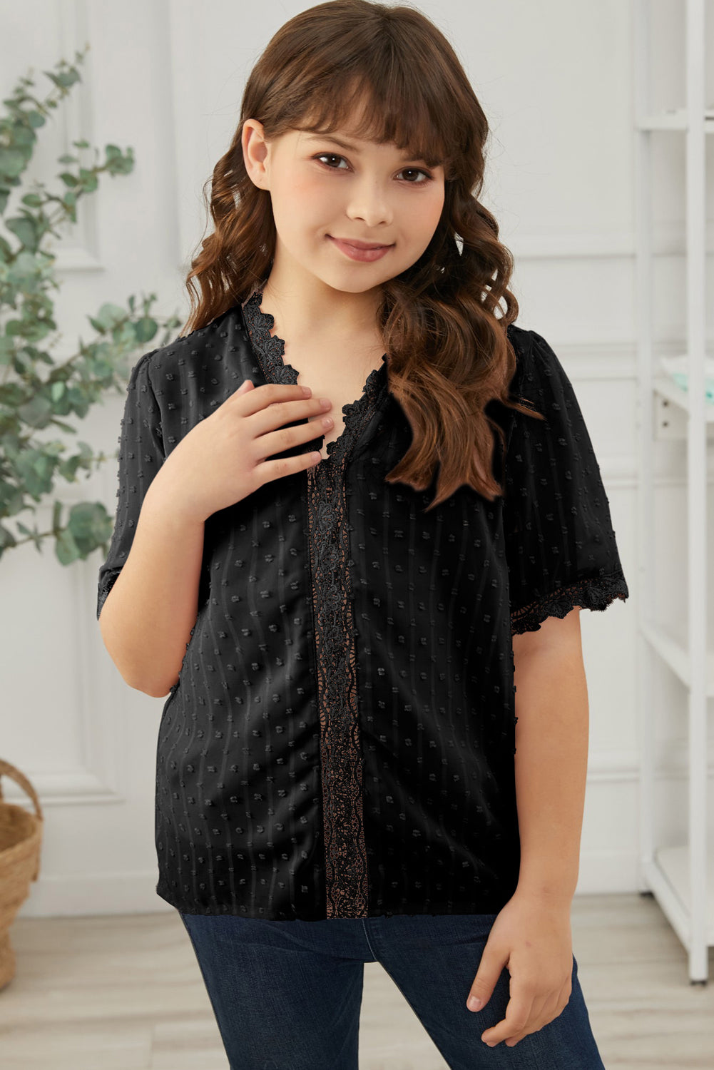 Sky Blue Swiss Dot Lace Short Sleeve Girls Top