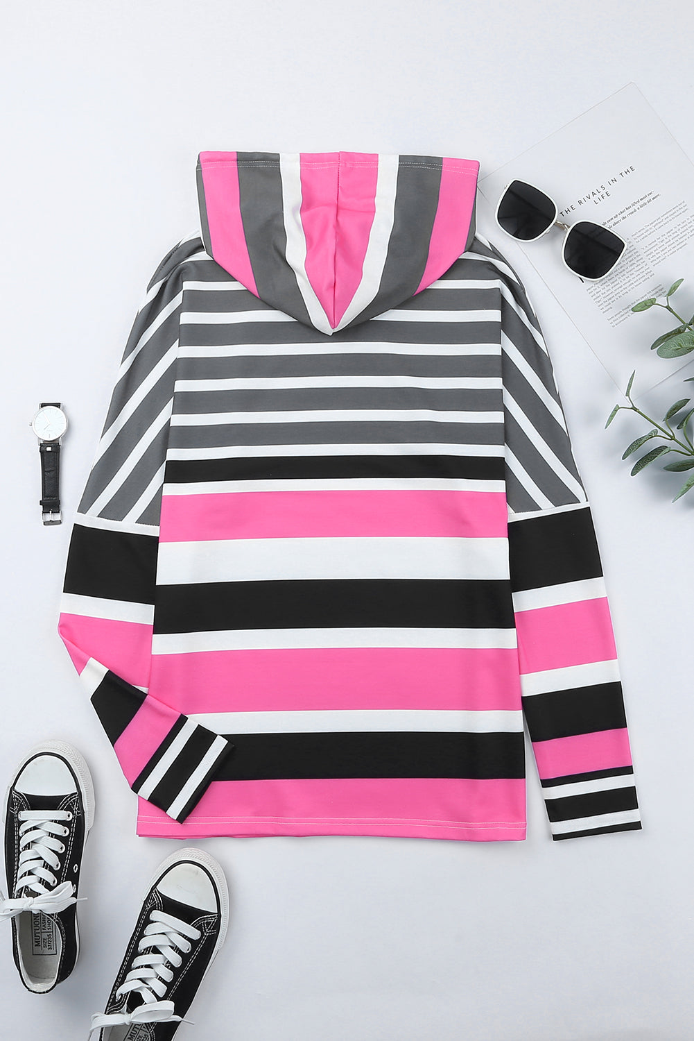 Rose Multi Striped Drawstring Long Sleeve Hoodie