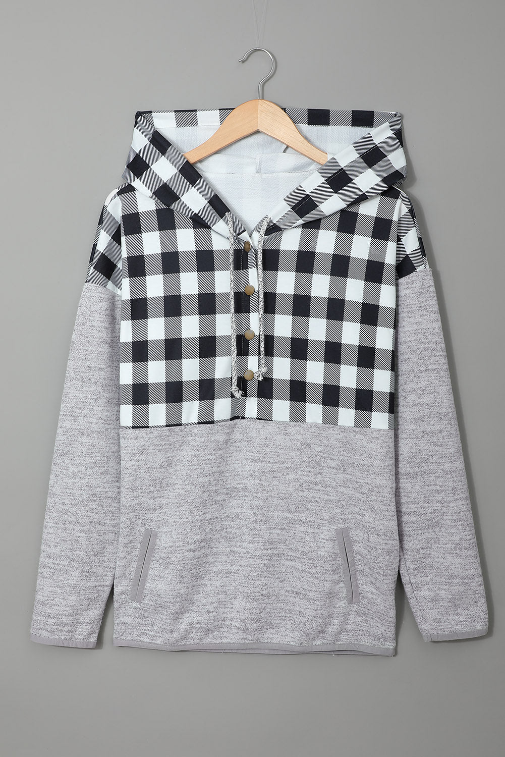 Black Plaid Splicing Pocketed Hoodie