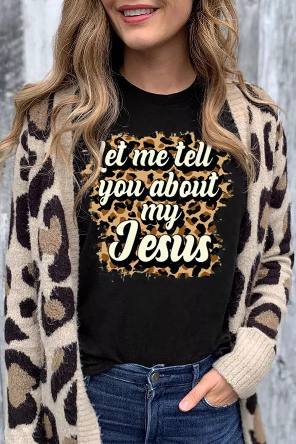 Leopard Letter Print Crewneck Graphic Tee