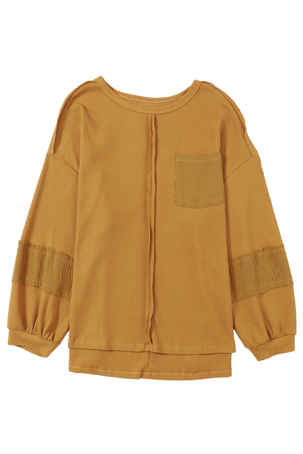 Pink Exposed Seam Patchwork Bubble Sleeve Waffle Knit Top