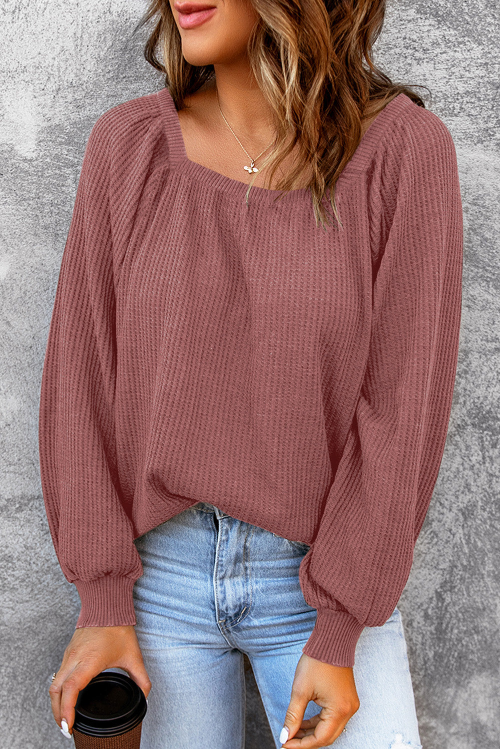 Brown Scoop Neck Puff Sleeve Waffle Knit Top