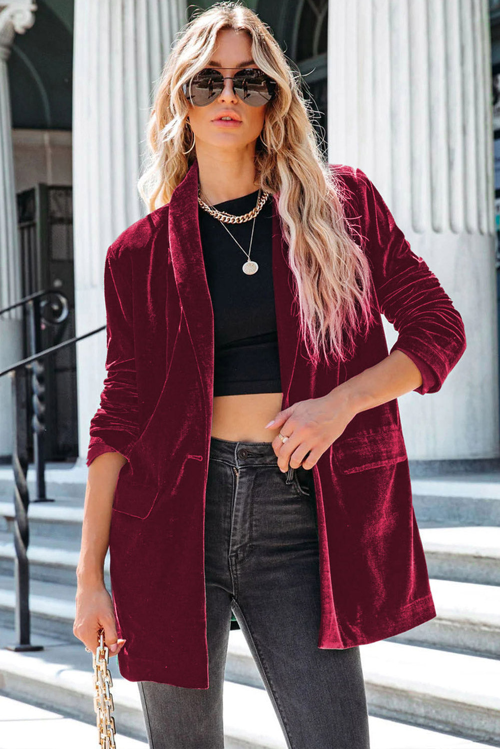 Green Casual Pocketed Velvet Blazer