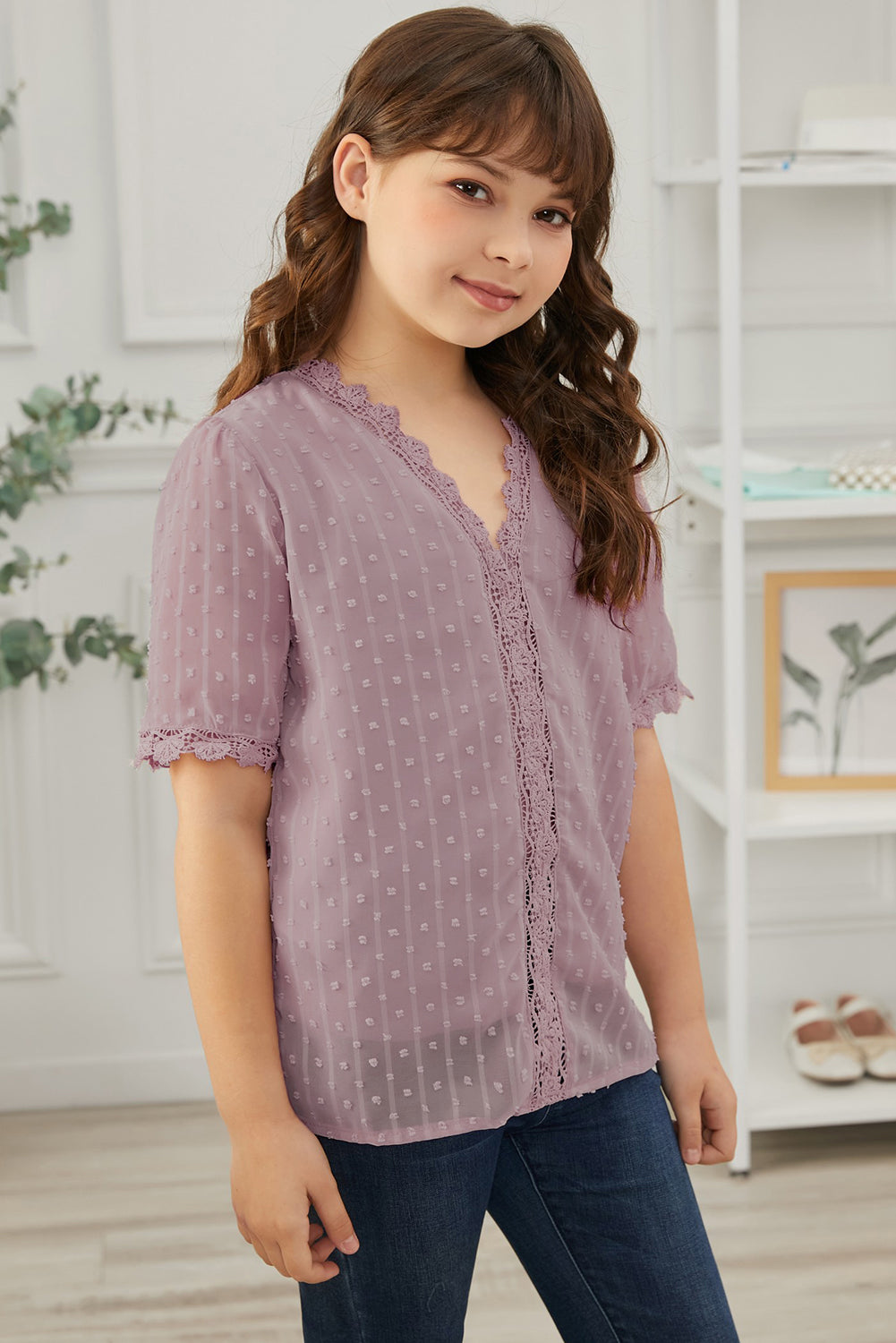 Sky Blue Swiss Dot Lace Short Sleeve Girls Top
