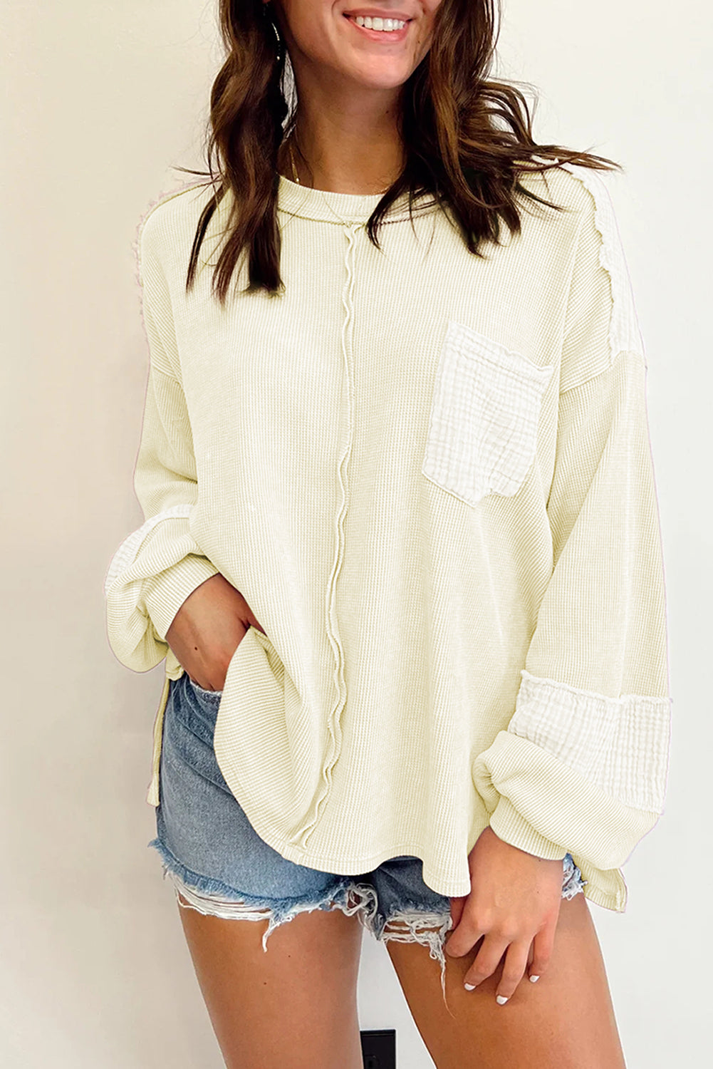 Pink Exposed Seam Patchwork Bubble Sleeve Waffle Knit Top