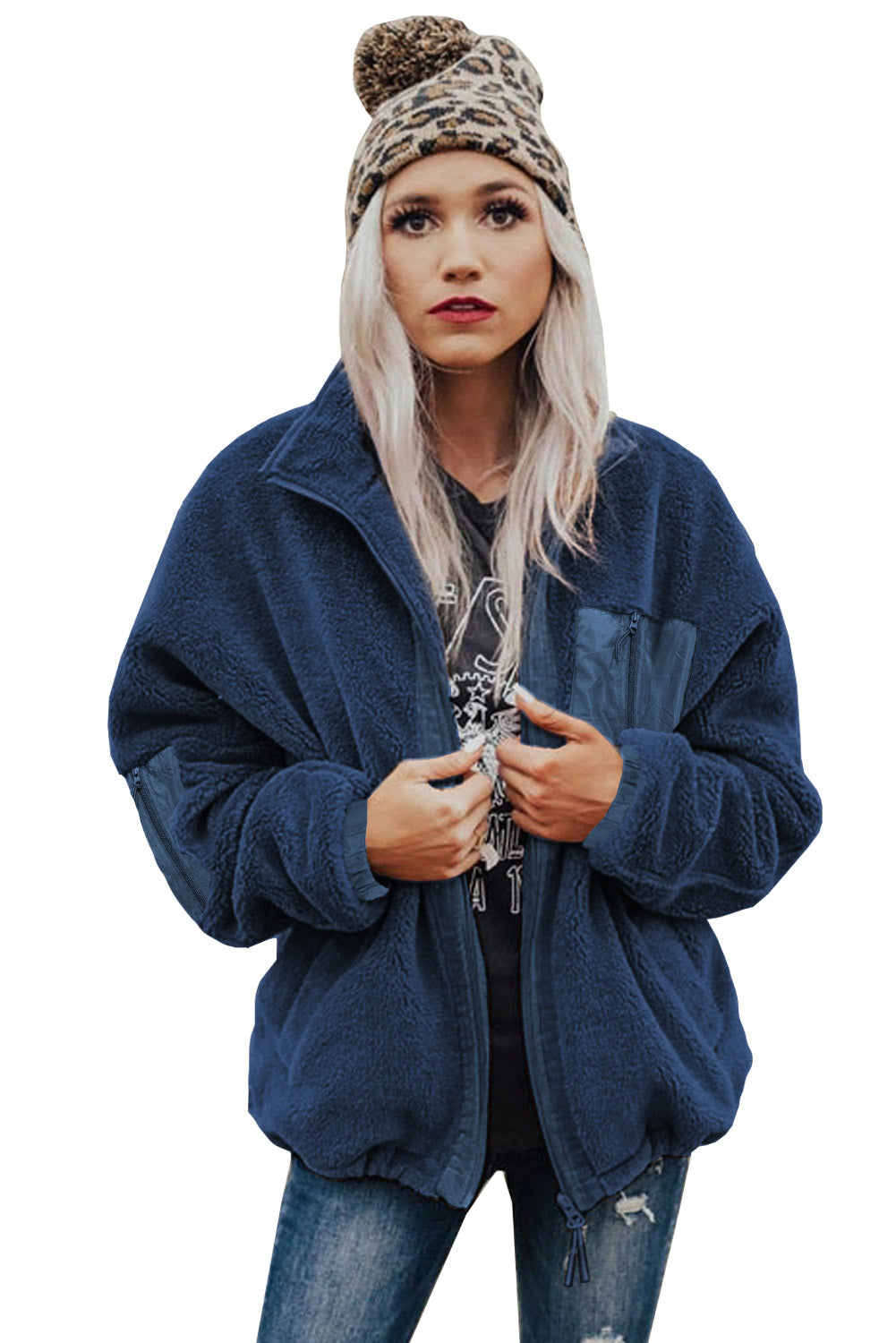 Gray Zip Up Sherpa Coat with Pocket