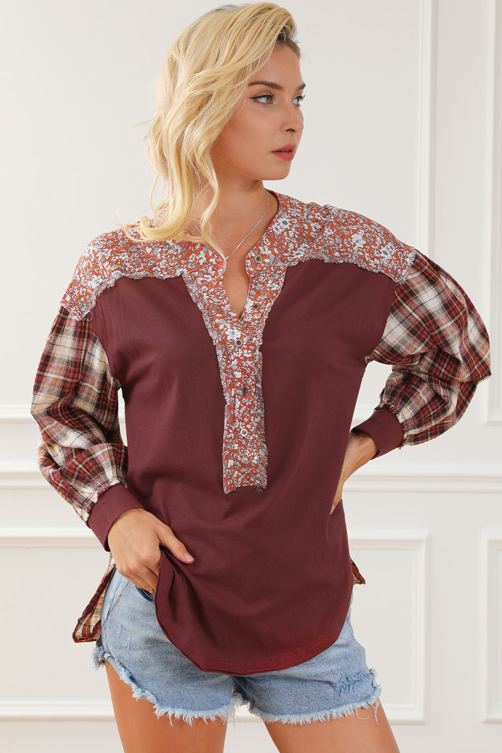 Yellow Floral Plaid Mixed Print Bishop Sleeve Patchwork Top