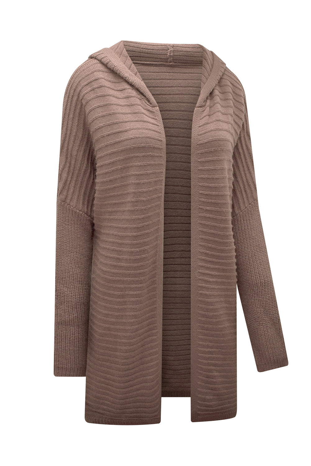 Gray Horizontal Rib Knitted Open Front Hooded Cardigan