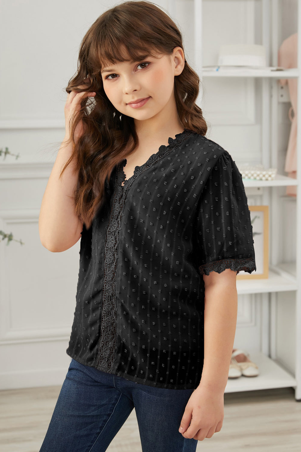 Sky Blue Swiss Dot Lace Short Sleeve Girls Top